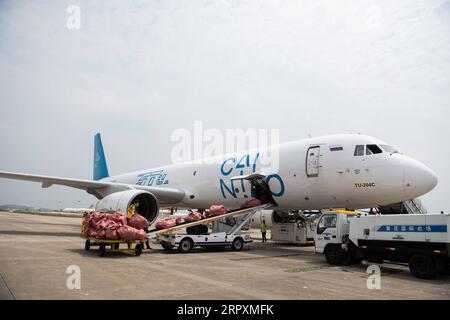 200528 -- CHANGSHA, 28 maggio 2020 -- un aereo che trasporta pacchi dall'e-commerce transfrontaliero alla Russia si trova all'Aeroporto Internazionale Changsha Huanghua di Changsha, nella provincia di Hunan, nella Cina centrale, il 28 maggio 2020. Un aereo che trasportava quasi 40.000 pacchi dalle imprese transfrontaliere di e-commerce è partito da Changsha a Mosca, in Russia giovedì. Questo fu il primo volo della rotta aerea merci regolare sul commercio elettronico transfrontaliero verso la Russia, a significare l'operatività di tale rotta in Hunan. Operata tre volte alla settimana, la rotta servirà come collegamento diretto tra l'e-com Foto Stock