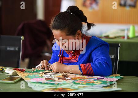 200529 -- ALXA, 29 maggio 2020 -- Un mandriano produce Thangka ricamati a pelo di cavallo in Alxa Left Banner, regione autonoma della Mongolia interna della Cina settentrionale, 29 maggio 2020. Taogerile, 77 anni, è il principale erede del Thangka ricamato a pelo di cavallo nella regione autonoma della Mongolia interna. Ha detto di aver ereditato la lavorazione da suo nonno e sua madre. Preoccupato per la cultura morente, Taogerile è stato dedicato all'eredità dell'arte tradizionale. Il ricamo complicato è stato designato come un programma di riduzione della povertà in Alxa Left Banner. Finora, questa lavorazione ha aiutato direttamente di più Foto Stock