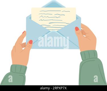 Lettera aperta in mani umane. Carta scritta a mano in busta Illustrazione Vettoriale