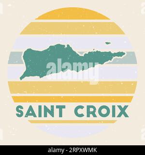 Logo Saint Croix. Firma con la mappa dell'isola e strisce colorate, illustrazione vettoriale. Può essere utilizzato come insegna, logotipo, etichetta, adesivo o badge di Illustrazione Vettoriale