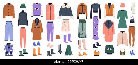 Abbigliamento invernale o autunnale femminile. Grande insieme vettoriale. Illustrazione Vettoriale