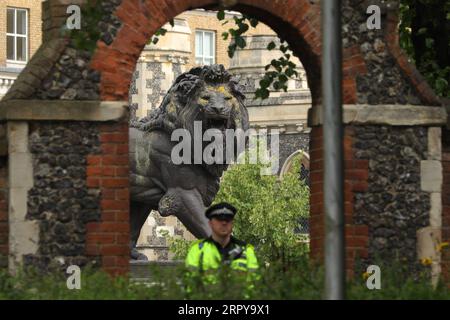 News Themen der Woche KW25 News Bilder des Tages 200621 -- READING BRITAIN, 21 giugno 2020 Xinhua -- Un agente di polizia si trova all'ingresso dei Forbury Gardens, dove si sono verificati accoltellamenti a Reading, in Gran Bretagna, il 21 giugno 2020. La polizia antiterrorismo britannica ha dichiarato domenica che l'incidente di pugnalato avvenuto nella città di Reading del sud dell'Inghilterra sabato sera è stato dichiarato un incidente terroristico. Foto di Tim Ireland/Xinhua BRITAIN-READING-STABBING-TERRORIST ACCIDENT PUBLICATIONxNOTxINxCHN Foto Stock