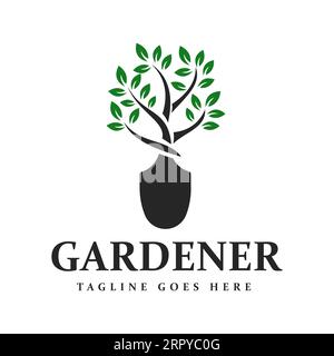 Piantare foglie di alberi con pala a cucchiaia per giardino agricolo con logo ambientale vettore di progettazione. Giardiniere paesaggistico Illustrazione Vettoriale