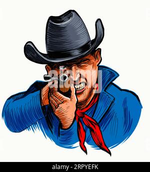 Un gangster americano che spara a un fucile. Inchiostro retrò disegnato a mano su carta e colorato a mano su tavoletta Foto Stock