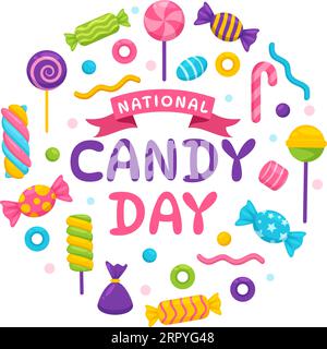 Illustrazione vettoriale del National Candy Day con diversi tipi di caramelle e dolci in modelli di disegno a sfondo piatto disegnati a mano Illustrazione Vettoriale