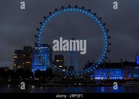 200705 -- LONDRA, 5 luglio 2020 Xinhua -- il London Eye è illuminato di blu per celebrare il 72° anniversario del National Health Service NHS a Londra, in Gran Bretagna, il 4 luglio 2020. Secondo i media locali, dozzine di punti di riferimento in tutto il paese sono stati illuminati di blu per segnare i 72 anni dalla fondazione dell'NHS. Foto di Ray Tang/Xinhua BRITAIN-LONDON-LANDMARKS-LIT BLUE-NHS-72ND ANNIVERSARY PUBLICATIONxNOTxINxCHN Foto Stock