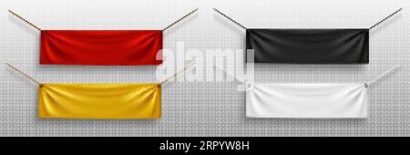 Realistic set of fabric banners hanging on ropes isolated on transparent background. Vector illustration of horizontal poster mockups in yellow, red, Stock Vector