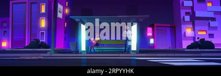 Stazione degli autobus al neon notturno con illustrazione vettoriale delle persone in attesa. Donna con cane seduto sulla panchina vicino all'autostrada sul marciapiede e uomo. Panorama all'aperto Illustrazione Vettoriale