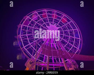 Una vivace ruota panoramica viola illuminata da luci in un vivace quartiere fieristico Foto Stock