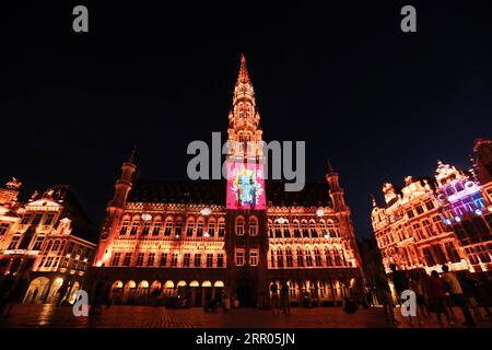 200730 -- BRUXELLES, 30 luglio 2020 -- la gente guarda uno spettacolo di suoni e luci al Grand Place di Bruxelles, Belgio, 29 luglio 2020. Nella Grand Place di Bruxelles si è tenuto uno spettacolo di suoni e luci per evidenziare gli eventi mancanti del Belgio in quest'estate a causa della pandemia di COVID-19. BELGIO-BRUXELLES-GRAND PLACE-MISSING EVENTS ZHENGXHUANSONG PUBLICATIONXNOTXINXCHN Foto Stock