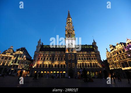 200730 -- BRUXELLES, 30 luglio 2020 -- la gente guarda uno spettacolo di suoni e luci al Grand Place di Bruxelles, Belgio, 29 luglio 2020. Nella Grand Place di Bruxelles si è tenuto uno spettacolo di suoni e luci per evidenziare gli eventi mancanti del Belgio in quest'estate a causa della pandemia di COVID-19. BELGIO-BRUXELLES-GRAND PLACE-MISSING EVENTS ZHENGXHUANSONG PUBLICATIONXNOTXINXCHN Foto Stock