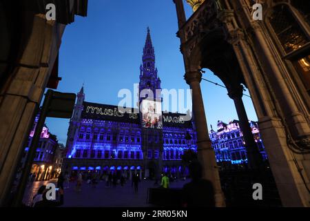 200730 -- BRUXELLES, 30 luglio 2020 -- le lettere sono proiettate sull'Hotel de Ville nella Grand Place di Bruxelles, Belgio, 29 luglio 2020. Nella Grand Place di Bruxelles si è tenuto uno spettacolo di suoni e luci per evidenziare gli eventi mancanti del Belgio in quest'estate a causa della pandemia di COVID-19. BELGIO-BRUXELLES-GRAND PLACE-MISSING EVENTS ZHENGXHUANSONG PUBLICATIONXNOTXINXCHN Foto Stock