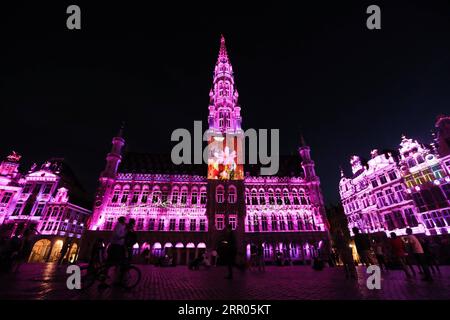 200730 -- BRUXELLES, 30 luglio 2020 -- la gente guarda uno spettacolo di suoni e luci al Grand Place di Bruxelles, Belgio, 29 luglio 2020. Nella Grand Place di Bruxelles si è tenuto uno spettacolo di suoni e luci per evidenziare gli eventi mancanti del Belgio in quest'estate a causa della pandemia di COVID-19. BELGIO-BRUXELLES-GRAND PLACE-MISSING EVENTS ZHENGXHUANSONG PUBLICATIONXNOTXINXCHN Foto Stock