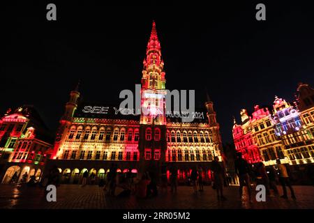 200730 -- BRUXELLES, 30 luglio 2020 -- la gente guarda uno spettacolo di suoni e luci al Grand Place di Bruxelles, Belgio, 29 luglio 2020. Nella Grand Place di Bruxelles si è tenuto uno spettacolo di suoni e luci per evidenziare gli eventi mancanti del Belgio in quest'estate a causa della pandemia di COVID-19. BELGIO-BRUXELLES-GRAND PLACE-MISSING EVENTS ZHENGXHUANSONG PUBLICATIONXNOTXINXCHN Foto Stock