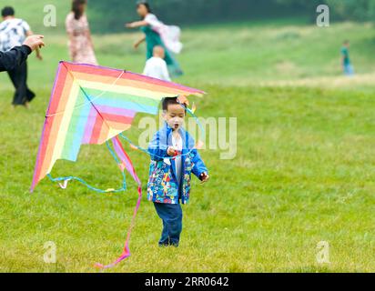 200730 -- CHONGQING, 30 luglio 2020 -- Un ragazzo vola su un aquilone al parco forestale nazionale di Fairy Mountain nel distretto di Wulong, nel sud-ovest della Cina, a Chongqing, 30 luglio 2020. Il parco forestale nazionale ha attirato un flusso costante di residenti e visitatori locali durante l'estate. CHINA-CHONGQING-TURISMO-ESTIVO CN LiuxChan PUBLICATIONxNOTxINxCHN Foto Stock