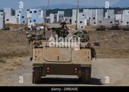 200805 -- GOLAN HEIGHTS, 5 agosto 2020 Xinhua -- un soldato israeliano guida un veicolo militare durante un'esercitazione nelle alture del Golan occupate da Israele vicino al confine conteso tra Siria e Israele il 4 agosto 2020. Ayal Margolin/JINI via Xinhua MIDEAST-GOLAN HEIGHTS-ISRAELI MILITARY PUBLICATIONxNOTxINxCHN Foto Stock