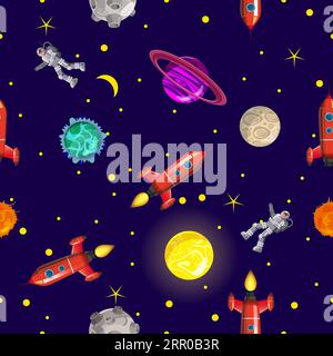 Pattern senza interruzioni di pianeti spaziali, razzi e stelle Illustrazione Vettoriale