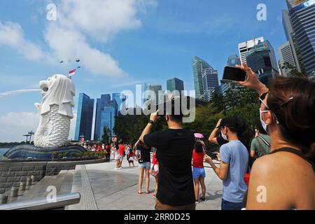 200809 -- SINGAPORE, 9 agosto 2020 Xinhua -- la gente guarda gli aerei volare durante le celebrazioni della giornata Nazionale al Merlion Park di Singapore, 9 agosto 2020. Singapore ha celebrato la sua 55a giornata Nazionale domenica. Xinhua/Then Chih Wey SINGAPORE-FESTA NAZIONALE PUBLICATIONxNOTxINxCHN Foto Stock