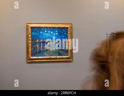 Persone che guardano Vincent Van Gogh, notte stellata sul Rhône, Musée d'Orsay, Parigi, Francia, Europa, UE. Foto Stock