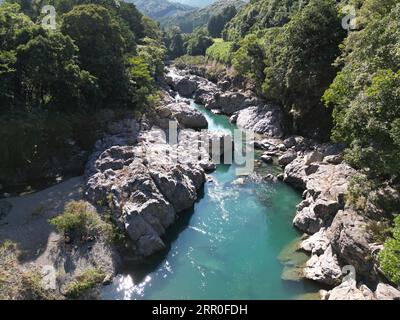 Un fiume panoramico che scorre attraverso una regione montuosa circondata da lussureggianti foreste, con piccole rapide Foto Stock