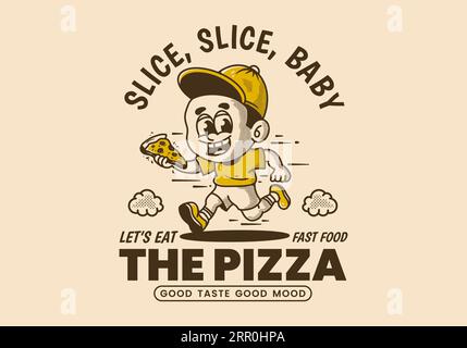 Mangiamo la pizza, un ragazzino che corre e regge una fetta di pizza, illustrazioni vintage Illustrazione Vettoriale