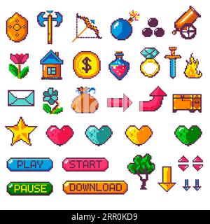 Pixel art, adesivi o vettore stile retrò emoticon Illustrazione Vettoriale