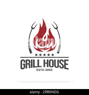 Grigliata con logo in stile grunge, barbecue vettoriale retrò, icona del barbecue e del ristorante, illustrazione del vettore Red Fire Illustrazione Vettoriale