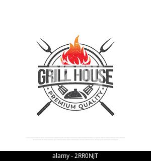 Grigliate con logo rustico, barbecue vettoriale retrò, barbeque bar e icona del ristorante, icona del fuoco rosso Illustrazione Vettoriale