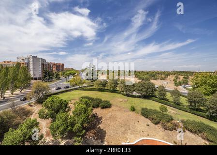 Vista di un parco alla periferia di una città con alcune siepi, prato sparso e alberi giovani Foto Stock