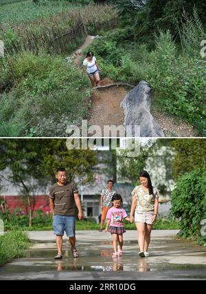 200827 -- DU AN, 27 agosto 2020 -- in questa foto combinata, la parte superiore scattata il 12 ottobre 2017 mostra Luo Lanxiang, moglie di Yuan Chaoqiang, che percorre uno stretto sentiero nel villaggio di Jiaba, e il basso assunto il 18 agosto 2020 mostra la coppia e la figlia Yuan Xinyao passeggiare in un sito di reinsediamento di sollievo dalla povertà, nella città di Xia ao della contea autonoma di Du Aan Yao, nella regione autonoma di Guangxi Zhuang nel sud della Cina. La contea autonoma di du an Yao è conosciuta come il regno roccioso, poiché il 89% delle sue terre sono coperte da montagne carsiche. Soffrendo di desertificazione rocciosa, Du An ha basse rese agricole. Questo, c Foto Stock