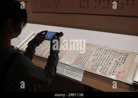 200831 -- PECHINO, 31 agosto 2020 -- Un ospite scatta foto di mostre mentre partecipa alla conferenza stampa di una mostra sulla calligrafia e la pittura di su Shi al Museo del Palazzo di Beijng, capitale della Cina, 31 agosto 2020. Dal 1° settembre al 30 ottobre si terrà una mostra sulla calligrafia e la pittura di su Shi, noto anche come su Dongpo, famoso litteratore della dinastia Song settentrionale dal 960 al 1127 settembre. CHINA-BEIJING-THE PALACE MUSEUM-EXHIBITION CN JINXLIANGKUAI PUBLICATIONXNOTXINXCHN Foto Stock