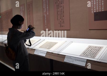 200831 -- PECHINO, 31 agosto 2020 -- Un ospite scatta foto di mostre mentre partecipa alla conferenza stampa di una mostra sulla calligrafia e la pittura di su Shi al Museo del Palazzo di Beijng, capitale della Cina, 31 agosto 2020. Dal 1° settembre al 30 ottobre si terrà una mostra sulla calligrafia e la pittura di su Shi, noto anche come su Dongpo, famoso litteratore della dinastia Song settentrionale dal 960 al 1127 settembre. CHINA-BEIJING-THE PALACE MUSEUM-EXHIBITION CN JINXLIANGKUAI PUBLICATIONXNOTXINXCHN Foto Stock