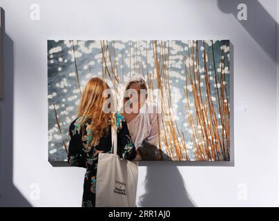 200911 -- PECHINO, 11 settembre 2020 -- Una donna guarda un'opera d'arte durante l'anteprima dell'Art Paris 2020 tenutasi al Grand Palais di Parigi, in Francia, 9 settembre 2020. Originariamente prevista per aprile, Art Paris, la seconda fiera d'arte moderna e contemporanea della Francia, apre le sue porte al pubblico dal 10 al 13 settembre. XINHUA FOTO DEL GIORNO GaoxJing PUBLICATIONxNOTxINxCHN Foto Stock