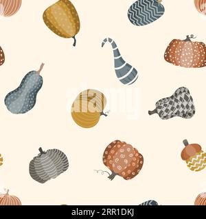 Motivo autunnale senza cuciture con zucche disegnate a mano. Sfondo vettore. Illustrazione Vettoriale