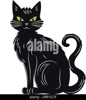Gatto nero seduto con occhi verdi. Simpatico animale domestico. Un gatto nero isolato simbolo di Halloween. Illustrazione vettoriale. Illustrazione Vettoriale