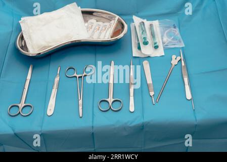 Vista dall'alto di strumenti chirurgici puliti assortiti di pinze e pinzette con forbici e bisturi con siringhe e vassoio in clinica medica Foto Stock