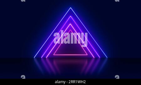 Sfondo astratto con luci al neon di colore blu bianco rosa viola che si illuminano su linee a forma di triangolo su palcoscenico riflettente lucido Foto Stock