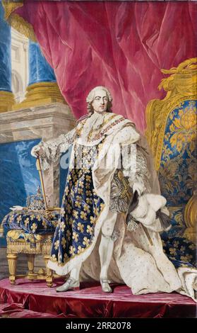 Luigi XV (1710-1774), re di Francia in abiti da incoronazione, ritratto arazzo di Pierre-Francois Cozette, 1769-1771 Foto Stock