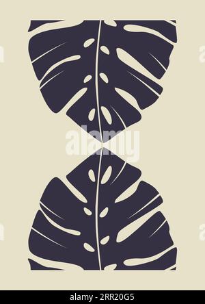 Arte da parete con stampa in foglia di monstera nera e minimalista. Illustrazione Vettoriale