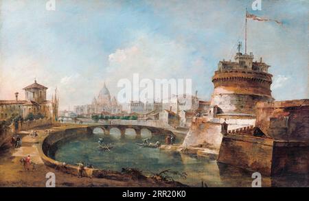 Francesco guardi, Fanciful veduta di Castel Sant'Angelo, Roma, paesaggio dipinto ad olio su tela, circa 1785 Foto Stock