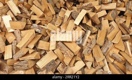 La legna da ardere è preparata per la vendita e conservata temporaneamente per essere essiccata. Il pelo di legno presenta un'attraente disposizione sfuso. Foto Stock