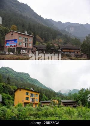 200929 -- SHIZHU, 29 settembre 2020 -- TOP: La foto del file fornita dal governo locale mostra le residenze degli abitanti del villaggio di Huaxi nella città di Zhongyi, nella contea autonoma di Shizhu Tujia, nella municipalità di Chongqing della Cina sud-occidentale nel 2017. IN BASSO: La foto scattata il 9 maggio 2020 mostra le stesse residenze dopo la ristrutturazione. La foto scattata dalla Zhongyi Township a Chongqing ha avuto un'alta incidenza di povertà a causa della scarsa qualità del suolo e dei trasporti scomodi in un terreno montuoso. Prima del 2018, più del 60% della forza lavoro nel villaggio di Huaxi si recò in altre città per guadagnarsi da vivere, che si allontanò Foto Stock