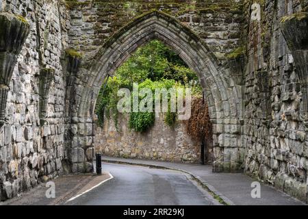 Strada che conduce attraverso le rovine della porta di stato del XIV secolo chiamata The Pend, St Andrews, County Fife, Scozia, Regno Unito Foto Stock