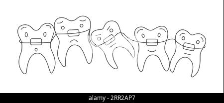 Dona denti carini con bretelle. Cure dentistiche. Concetto di igiene orale per bambini per odontoiatria pediatrica. Pulizia e prevenzione dei denti. Pulizia dei denti Illustrazione Vettoriale
