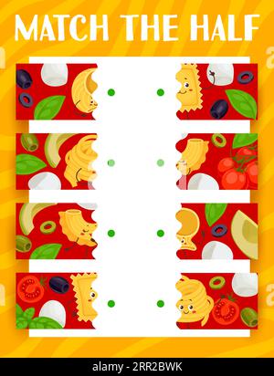 Abbina la metà dei simpatici personaggi della pasta italiana. Foglio di lavoro del gioco vettoriale con pezzi separati di lumaconi giganti, ravioli, spaghetti e creste simpatici maccheroni gastronomici italiani Illustrazione Vettoriale