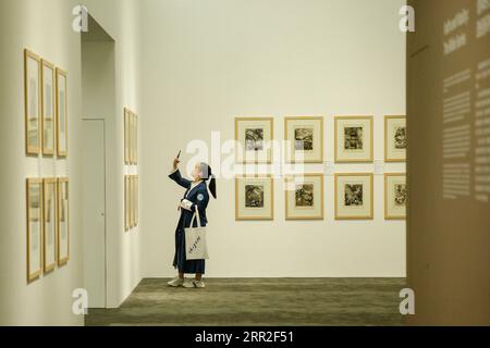 201011 -- PECHINO, 11 ottobre 2020 -- Un visitatore scatta foto di creazioni durante una mostra su Marc Chagall presso la filiale Langfang del CAFA Art Museum, a Langfang, nella provincia di Hebei, nella Cina settentrionale, 10 ottobre 2020. Composta da 155 creazioni, una mostra sull'artista russo-francese Marc Chagall si tiene qui dal 9 ottobre 2020 al 18 gennaio 2021. CHINA-HEBEI-LANGFANG-MARC CHAGALL-EXHIBITION CN ZHANGXYUWEI PUBLICATIONXNOTXINXCHN Foto Stock