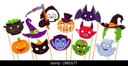 Maschere e oggetti di scena per Halloween con mostri cartoni animati per le vacanze, icone vettoriali. Maschere divertenti di Halloween di zucca raccapricciante, cappello da strega e morte, vampiro e boo fantasma con pipistrello e gatto nero Illustrazione Vettoriale