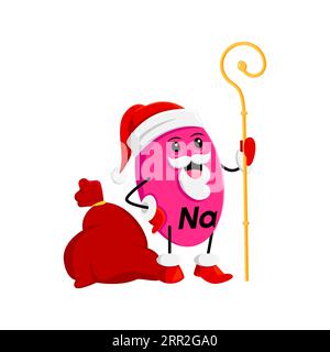 Cartoon Christmas Na personaggio micronutriente nel cappello di Babbo Natale con personale in legno e borsa regalo. I personaggi isolati Vector Sodium o Natrium Xmas Father noel offrono regali e diffondono gioia festiva Illustrazione Vettoriale