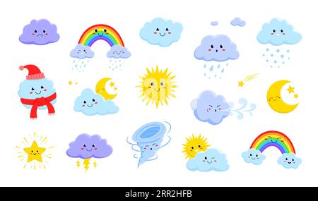 Personaggi e personaggi meteorologici dei cartoni animati. Sole vettoriale, nuvole, stelle, pioggia e tornado, arcobaleno e neve con volti carini. Divertenti creature estive e invernali per giochi, libri o previsioni Illustrazione Vettoriale