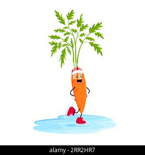 Carota animata con i pattini di verdure sulla pista di pattinaggio su ghiaccio. Festeggiamenti di Natale, festività invernali o allegri natali salutando un personaggio divertente e vettoriale vegetale. Buon anno veggie carattere allegro Illustrazione Vettoriale